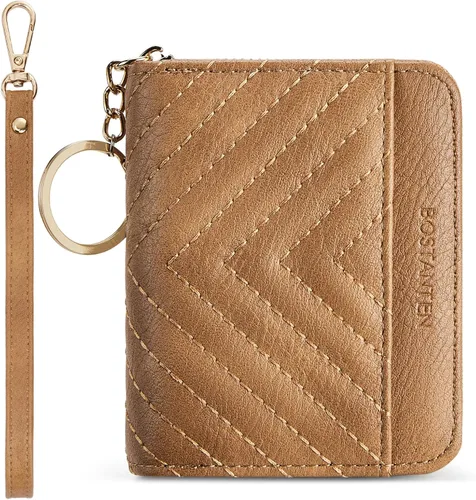 Vista 13 de BOSTANTEN Cartera de piel con bloqueo RFID para tarjetas de crédito, cartera pequeña para mujer, con cremallera, llavero y cartera con correa