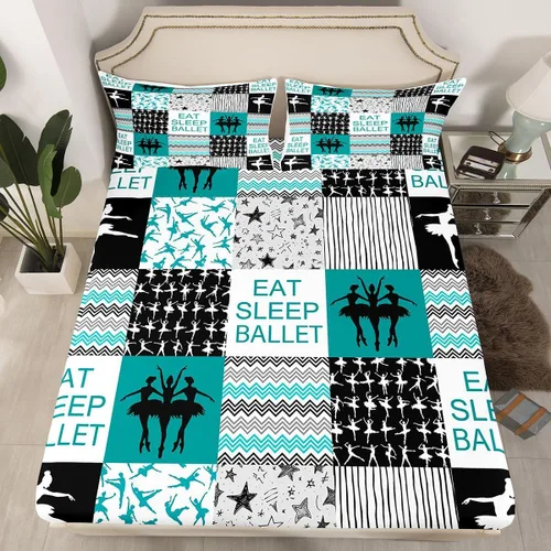 Vista 2 de Sábana bajera ajustable de ballet para niñas, juego de ropa de cama de ballet para danza de ballet, sábanas de cama con rayas geométricas onduladas