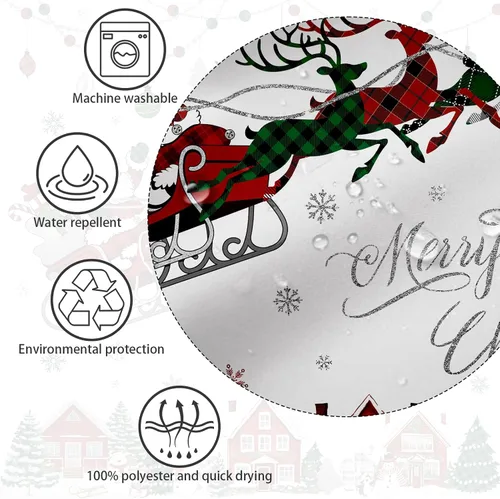 Vista 7 de APROPHIC Cortina de ducha de Feliz Navidad, cortina de ducha de búfalo rojo y verde, a cuadros, Papá Noel, trineo, reno, copo de nieve, para baño