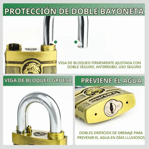 Vista 4 de Candado con llave resistente al agua de 1.969 in con 4 llaves reiniciables para uso en exteriores, acabado de latón