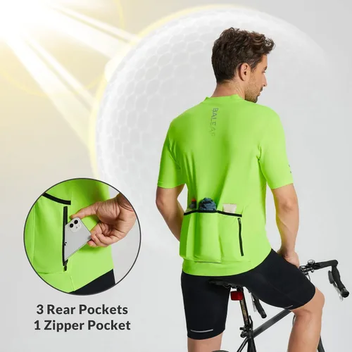 Vista 4 de BALEAF Camiseta de ciclismo de manga corta para hombre, camiseta de ciclismo con cremallera completa 3+1 bolsillos, UPF50+ amarillo, XL, 01-amarillo
