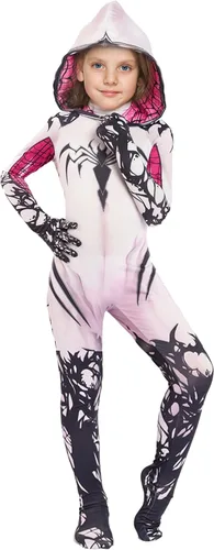 Vista 4 de Liokoon Disfraz de araña para niñas de 3 a 12 años, disfraz de superhéroe de araña blanca para cosplay
