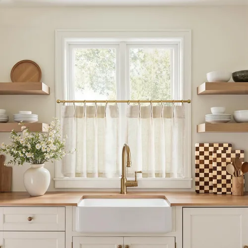 Vista 68 de Jinchan - Cortinas de cocina de lino rústico beige con bolsillo para barra, 26 x 36 pulgadas, 2 paneles