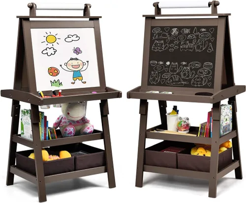 Vista 13 de Costzon Kids Art Easel, 3 in 1 Double-Sided Painting Easel w/Magnetic Whiteboard, Chalkboard & Paper Roll, 2-Tier Storage Rack & 2 Boxes, Standing