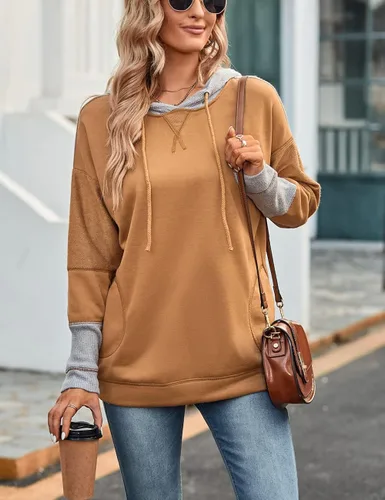 Vista 5 de SEBOWEL Sudaderas con capucha para mujer, de punto gofre, con cordón, con cordón, casual, manga larga, con bolsillo