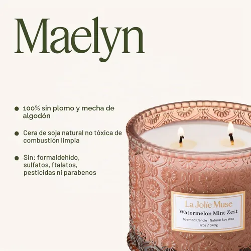 Vista 6 de LA JOLIE MUSE Vela de Cáscara de Sandía y Menta - Eucalipto, Salvia, Lavanda Vela Grande de Cera de Soja de 12 oz con 2 Mechas 60 Horas