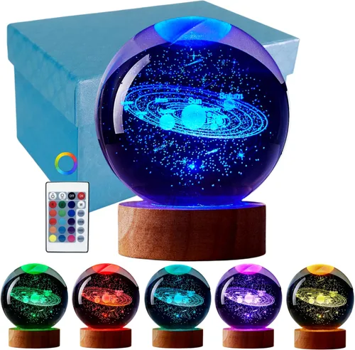 Vista 20 de Lámpara de bola de cristal 3D de Axolotl, lámpara de noche de bola de cristal mejorada de 3.15 pulgadas con 16 colores LED, base de madera, control