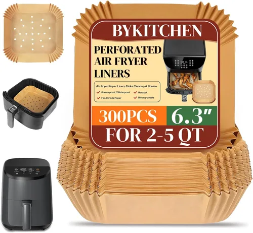 Vista 11 de BYKITCHEN Forros cuadrados para freidora de aire de 2 a 5 Qt, juego de 100, papel de pergamino perforado pequeño de 8 pulgadas para mini freidora