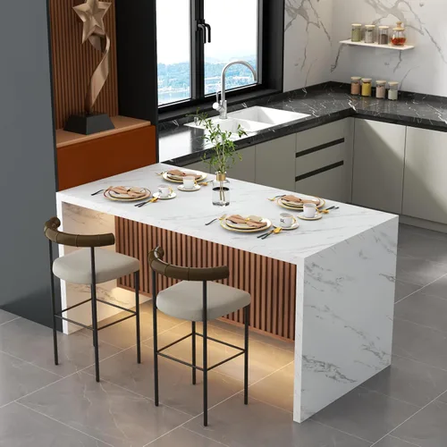 Vista 14 de Mesa de comedor grande de imitación de mármol de 63" para 4-6 personas (patente pendiente), mesa de isla con luces LED, mesa de comedor de cocina