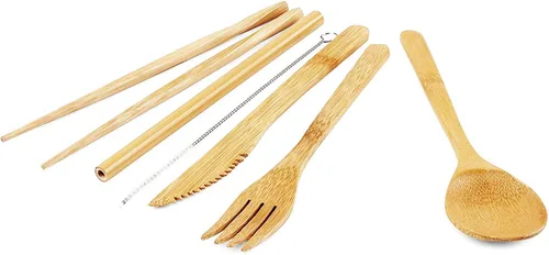 Vista 2 de Onwon® Juego de 2 cubiertos de bambú de viaje que incluyen cuchillos reutilizables, tenedores, cucharas, palillos, pajita, utensilios de bambú