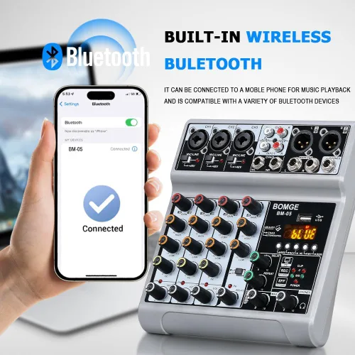 Vista 3 de BOMGE Mezclador de audio, consola de mezcla de tablero de sonido con 5 canales digitales USB Bluetooth, efecto de eco y retardo, alimentación