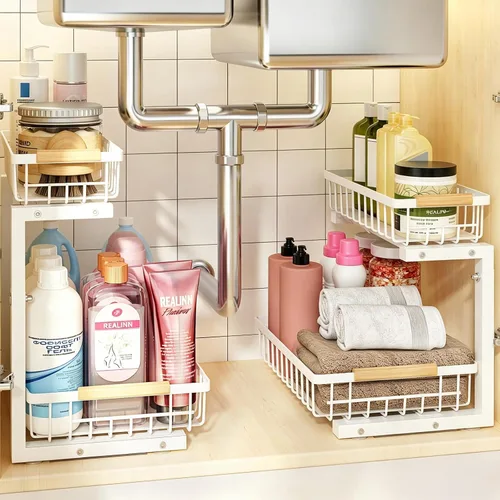 Vista 10 de REALINN Organizador para debajo del fregadero, almacenamiento de armario extraíble de 2 niveles de altura ajustable, organizador de cajones
