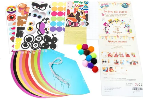Vista 6 de Sombreros de fiesta de Glittery Garden para niños, arte y manualidades. Divertido kit de actividades de cumpleaños con pegatinas. Adorno de fiesta