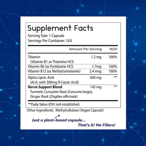 Vista 3 de Toms Remedies Suplemento de ácido alfa lipoico 600 mg de apoyo nervioso Cápsulas veganas con vitaminas B y una mezcla de apoyo nervioso, sin