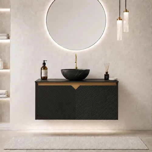 Vista 19 de Vanidad de baño flotante de 24 pulgadas con fregadero, gabinete estriado Fregadero de cerámica negro + negro