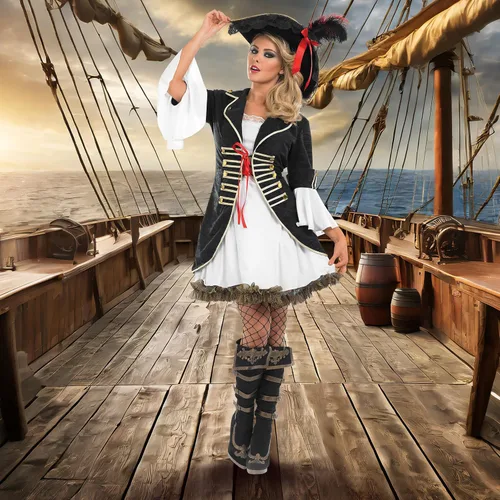 Vista 3 de fun shack Pirate Costume Women's Deluxe Buccaneer Outfit with Corset Jacket, Dress, Hat