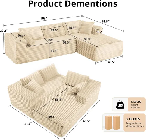Vista 3 de LUCKLIFE - Sofá seccional modular con chaise en forma de L, tapizado en pana, sofás sin huesos para sala de estar, sofá cama extragrande, no Beige