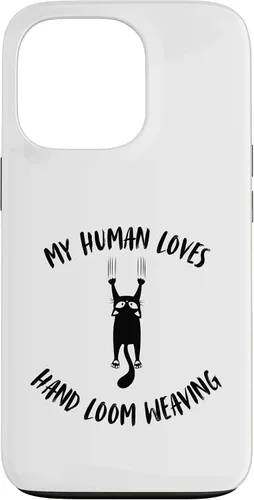 Vista 10 de iPhone 16 My Human Loves Hand Loom Weaving - Cat Parent Hobby Lover Case