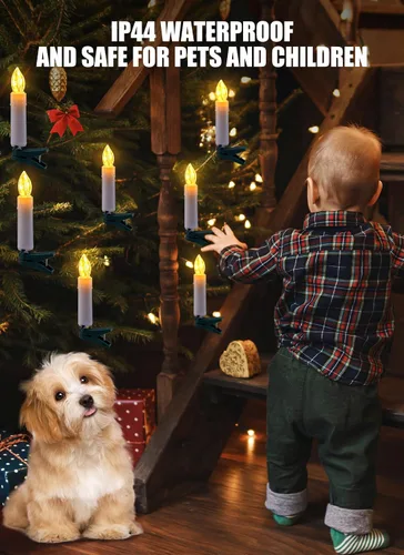 Vista 6 de Luces de cadena de velas para árbol de Navidad enchufables, 50 luces LED de velas sin llama con clips, luces parpadeantes de velas de 48 pies