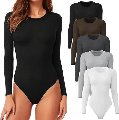 Vista 8 de CE' CERDR Paquete de 4/5 Bodies de Manga Larga para Mujer Cuello Redondo Casual Elástico Camisetas Básicas Cuello Redondo Body Suits Tops