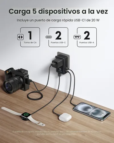 Vista 3 de Anker Adaptador de Viaje Nano, Adaptador de Corriente de 5 Puertos con 1 AC, 2 USB-A y 2 Puertos USB-C, Control Inteligente de Temperatura