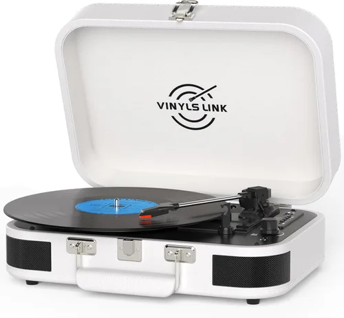 Vista 12 de VINYLS LINK Reproductor de discos de vinilo Bluetooth, tocadiscos de 3 velocidades con altavoces estéreo integrados, tocadiscos portátil de maleta