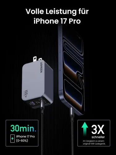 Vista 5 de UGREEN Nexode Pro 100W GaN Cargador de pared USB C, Cargador PPS compacto de 3 puertos y rápido para MacBook Pro/Air, Pixelbook, iPad, serie iPhone