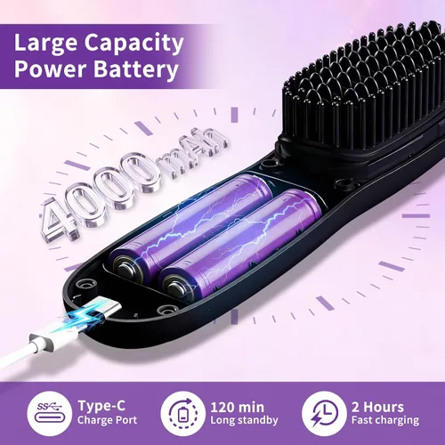 Vista 8 de Cepillo alisador de pelo, inalámbrico recargable con pantalla LED, carga USB, cepillo de alisado portátil de calentamiento rápido, temperatura