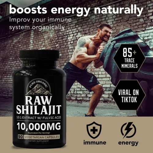 Vista 2 de Cápsulas de Shilajit crudo para hombres 10,000 mg de Shilajit puro del Himalaya con ácido fúlvico y minerales traza Energía natural, enfoque