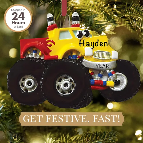 Vista 2 de Adorno personalizado de camión monstruo 2026 Personalizado las 24 horas, adornos de Navidad para niños grabados con láser para árbol Regalo