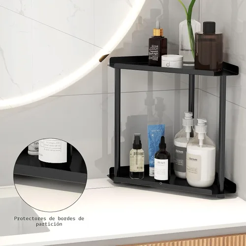 Vista 6 de FLE - Organizador esquinero para encimera de baño, color negro 2 Tier Corner Shelf, Tabletop Mount,Waterproof solid shelf fits bathroom toiletries
