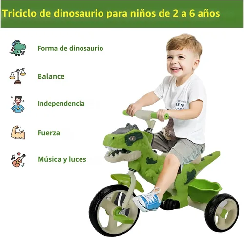 Vista 4 de Triciclo de dinosaurio para niños, triciclo para niños pequeños, rueda grande con música, cesta de almacenamiento, bicicleta para niños preescolares