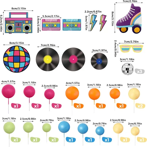 Vista 2 de 30 adornos para tartas de los años 80 y 90, decoraciones retro de hip hop, decoraciones de pasteles de bolas pastel para niños o niñas, 80 y 90