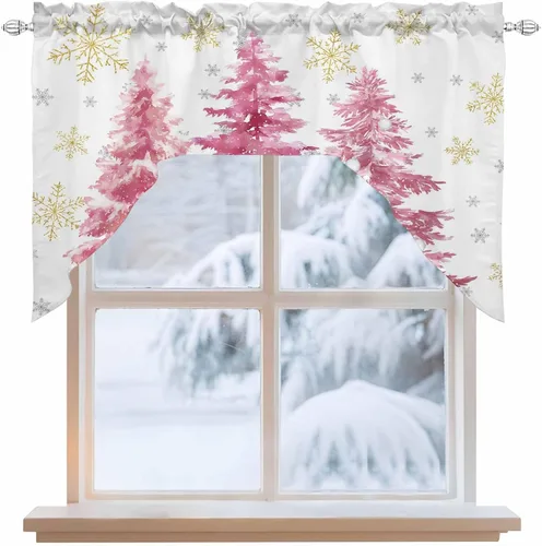 Vista 2 de Cenefa de árbol de copo de nieve, cenefa con dobladillo para barra, paneles de cortina para dormitorio, sala de estar, baño, cafetería, ventanas