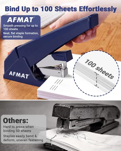 Vista 4 de AFMAT Engrapadora resistente ES18 - 100 hojas, 50% menos esfuerzo, más de Azul