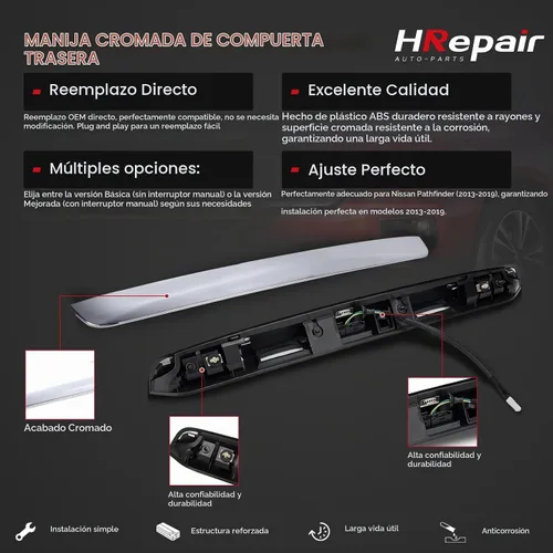 Vista 3 de Moldura Cromada de Acabado de Manija de Compuerta Trasera, compatible con Nissan Pathfinder 2013-2019 Manija de Compuerta Elevadora, Abridor