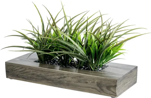 Vista 11 de MyGift - Grandes plantas artificiales de césped verde en maceta de 14 pulgadas en caja de madera maciza de acacia premium rectangular, centro