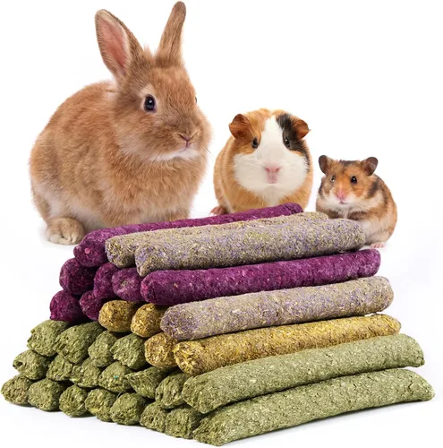 Vista 9 de 48 piezas de golosinas para conejo, palitos masticables, conejillo de indias, juguetes naturales de hierba Timothy, dientes molares, conejito