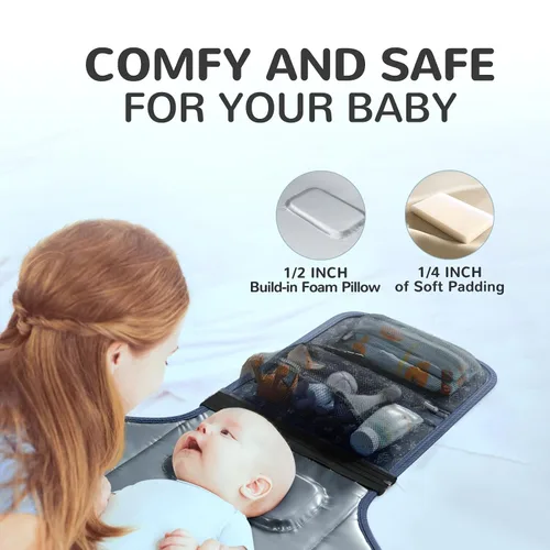 Vista 2 de Cambiador portátil con correa para el hombro, cambiador de viaje desmontable con almohada para la cabeza, cambiador de pañales portátil ligero e