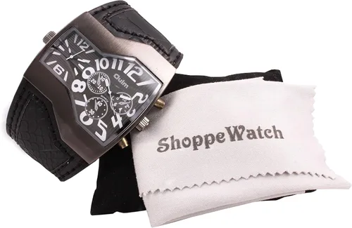 Vista 4 de ShoppeWatch Unique Mens Watch Large Dial Dual Time Display Quartz Movement Leather Band Big Face Watch for Men Oversize Dress Watch