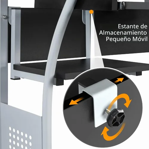 Vista 9 de Yaheetech - Escritorio pequeño con ruedas para computadora de 3 niveles, toma de corriente, color negro Engineered wood tiers and metal frame suit