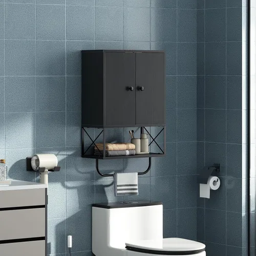 Vista 2 de MAHANCRIS Armario de pared de baño con 2 puertas y estante ajustable, botiquín de granja con toallero, armario de almacenamiento montado en la pared