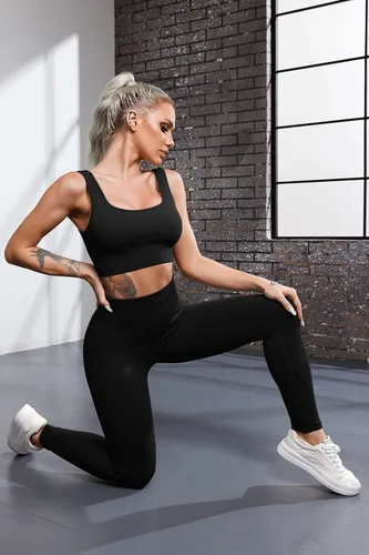 Vista 6 de QINSEN FAFOFA - Conjunto de 2 piezas de entrenamiento, para mujer, brasier deportivo sin costuras, cintura alta, leggings de yoga.