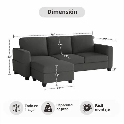 Vista 2 de Sofá modular en forma de L de 78 pulgadas, color gris oscuro con otomana de almacenamiento