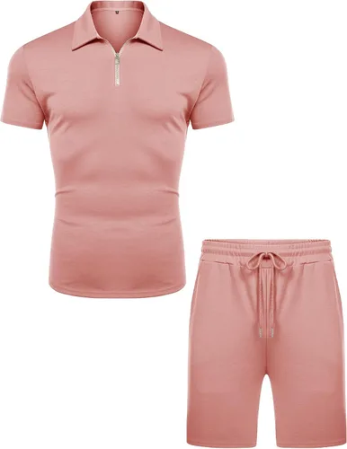 Vista 2 de URRU Conjunto casual de polo y pantalones cortos de manga corta para hombre, conjunto de dos piezas, conjunto deportivo con cremallera para hombre