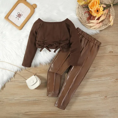 Vista 3 de Conjunto de 2 piezas de ropa de otoño e invierno, camiseta de manga larga abombada, pantalones largos rectos, ropa de moda para bebé