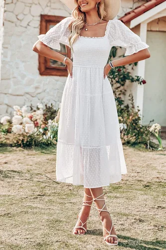 Vista 3 de MEROKEETY - Vestido de verano con lunares suizos para mujer vestido midi con cuello cuadrado, mangas abombadas, volados, lazo en la espalda