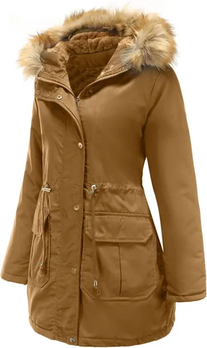 Vista 2 de DOSLAVIDA Abrigo grueso con capucha para mujer, chaqueta de invierno cálida con forro polar, chaqueta larga de algodón con capucha de pelo sintético