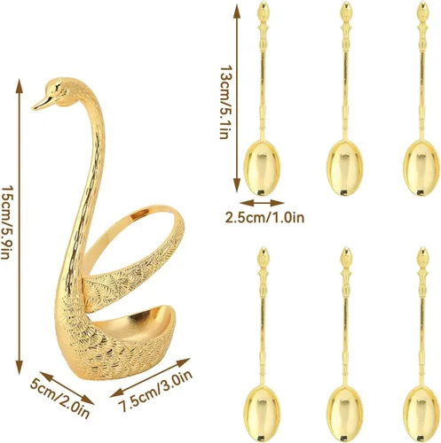 Vista 6 de Juego de cucharas de postre de café, soporte de base de cisne, organizador de cuchara con 6 cucharas para café, frutas, postres, mezcla, azúcar