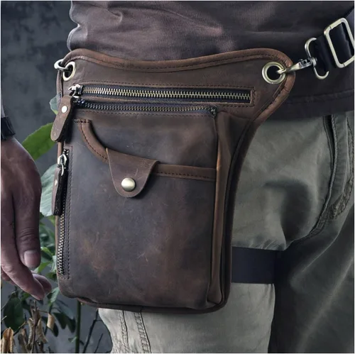 Vista 2 de Le'aokuu - Bolso de pierna para moto, de cuero genuino, para hombre, bolso tipo mensajero a la cintura), 211-1